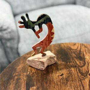 LazArt Kokopelli metal & sandstone sculpture-Southwestern fertility deity.